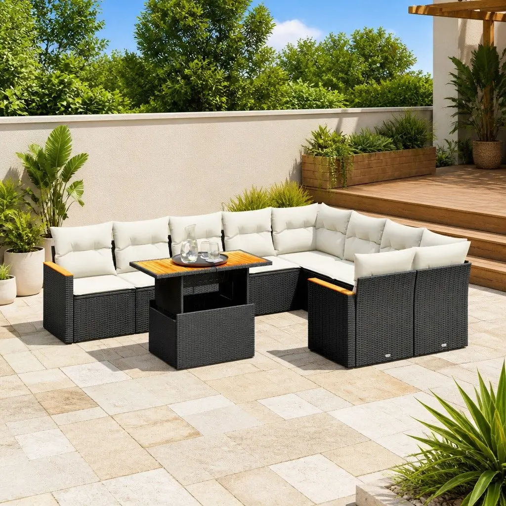 Garden Sofa Set 10 Piece Outdoor Furniture Black Poly Rattan Patio Modular