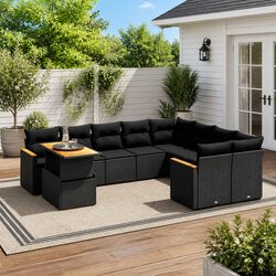 10 Piece Outdoor Garden Sofa Set with Cushions Black Poly Rattan Patio Furniture