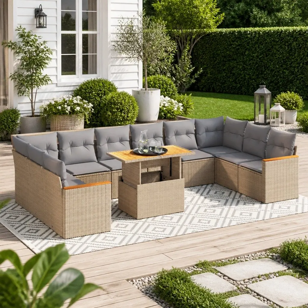 Garden Sofa Set 11 Piece Outdoor Furniture with Cushions Beige Poly Rattan Patio