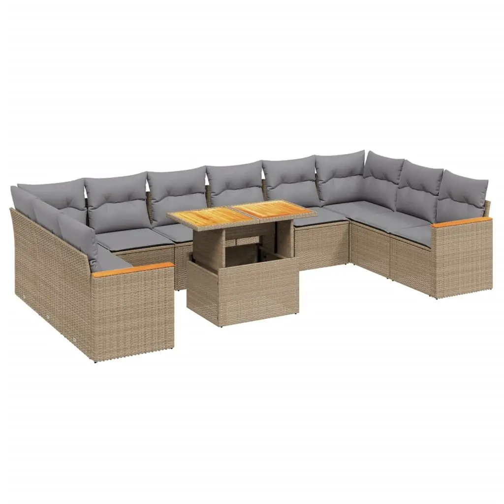 Garden Sofa Set 11 Piece Outdoor Furniture with Cushions Beige Poly Rattan Patio
