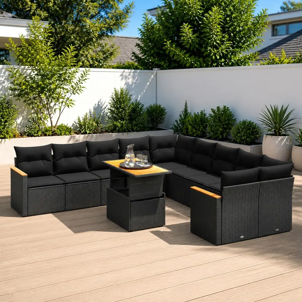 Garden Sofa Set 11 Piece Outdoor Furniture Black Poly Rattan Modular Patio