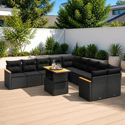 Garden Sofa Set 11 Piece Outdoor Furniture Black Poly Rattan Modular Patio