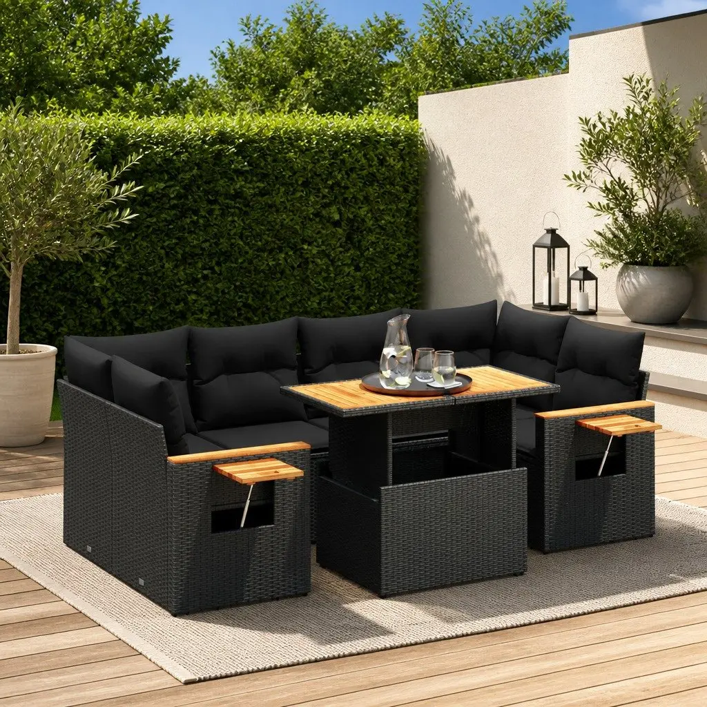 7 Piece Garden Sofa Set Outdoor Furniture Black Poly Rattan with Cushions Patio