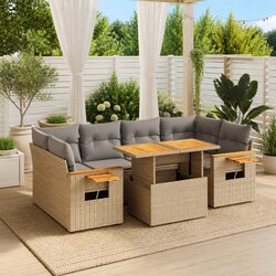 7 Piece Outdoor Garden Sofa Set Beige Poly Rattan Patio Furniture with Cushions