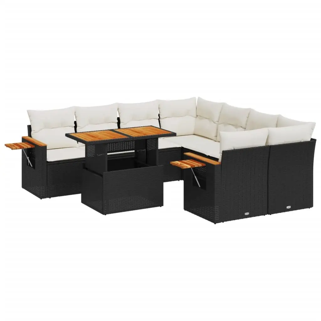 Garden Sofa Set Black 9 Piece Modular Outdoor Furniture with Adjustable Tabletop and Foldable Side Table