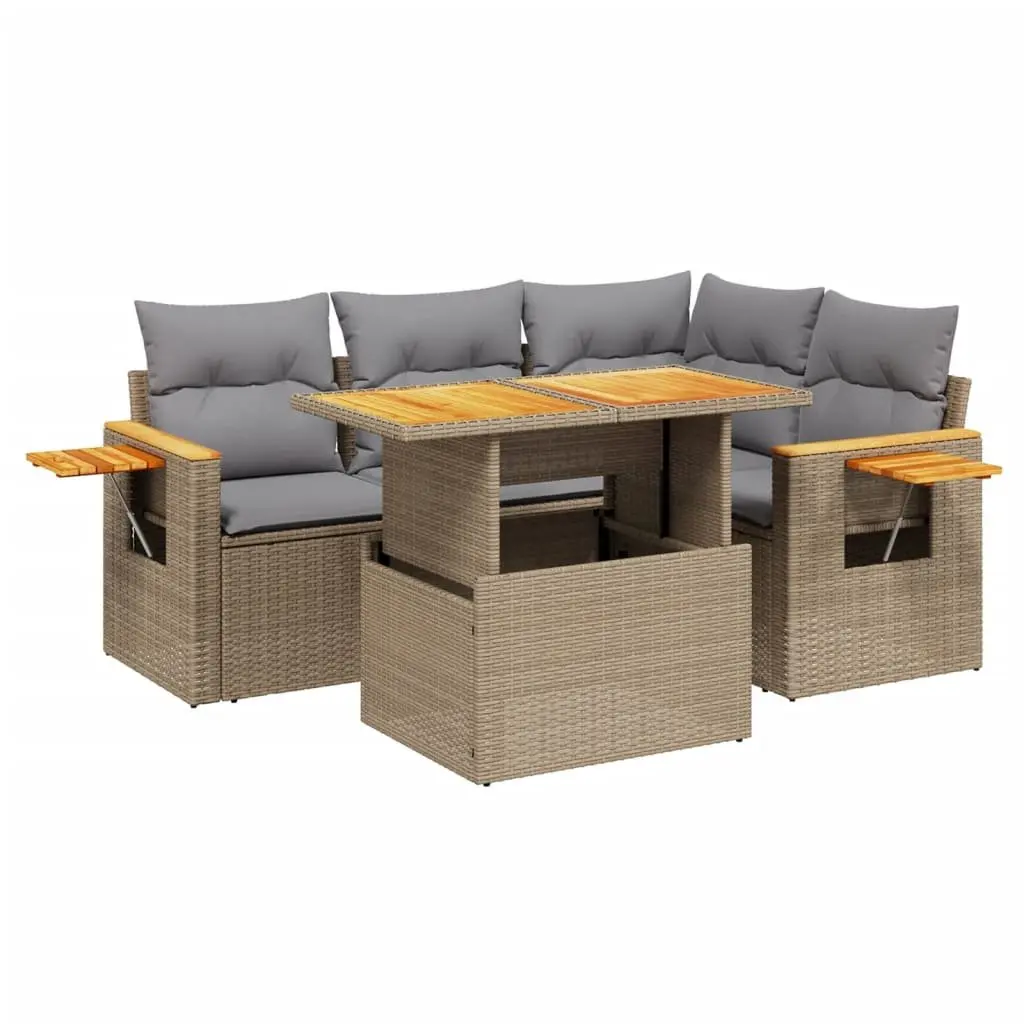 5 Piece Outdoor Garden Sofa Set with Cushions Beige Poly Rattan Patio Furniture
