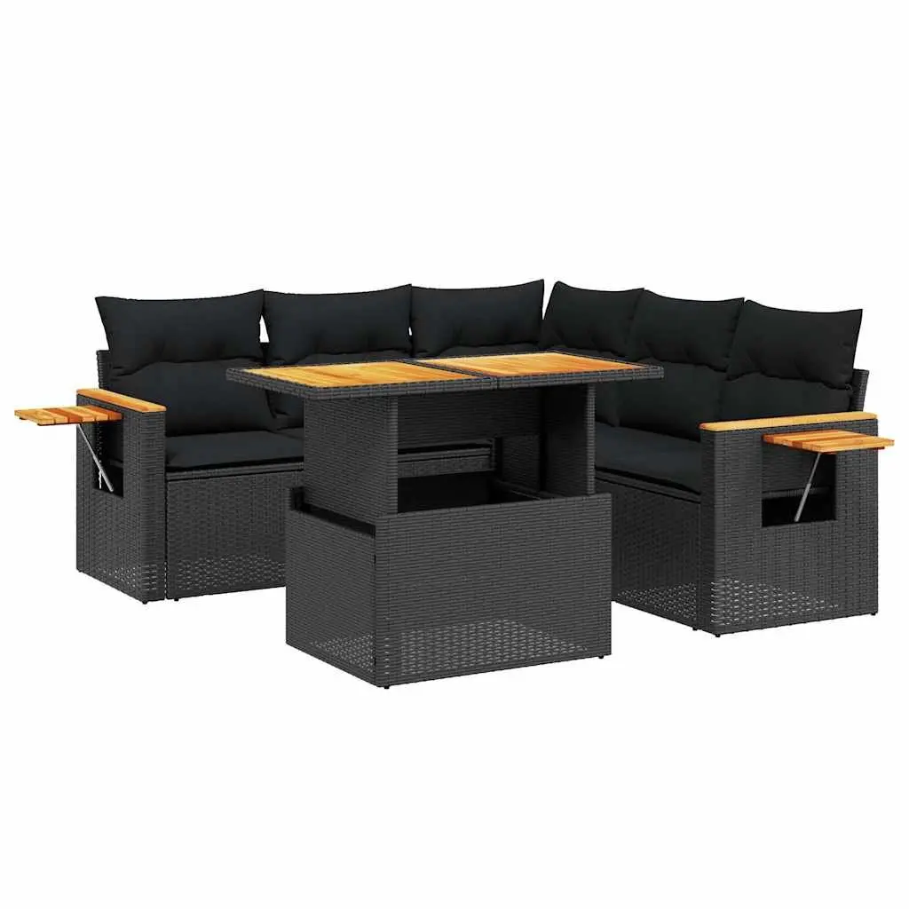 Garden Sofa Set Black 6 Piece Modular Outdoor Patio Furniture with Adjustable Table and Foldable Side Table