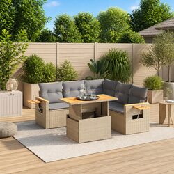 Garden Sofa Set 6 Piece Outdoor Furniture Beige Poly Rattan Patio Sectional