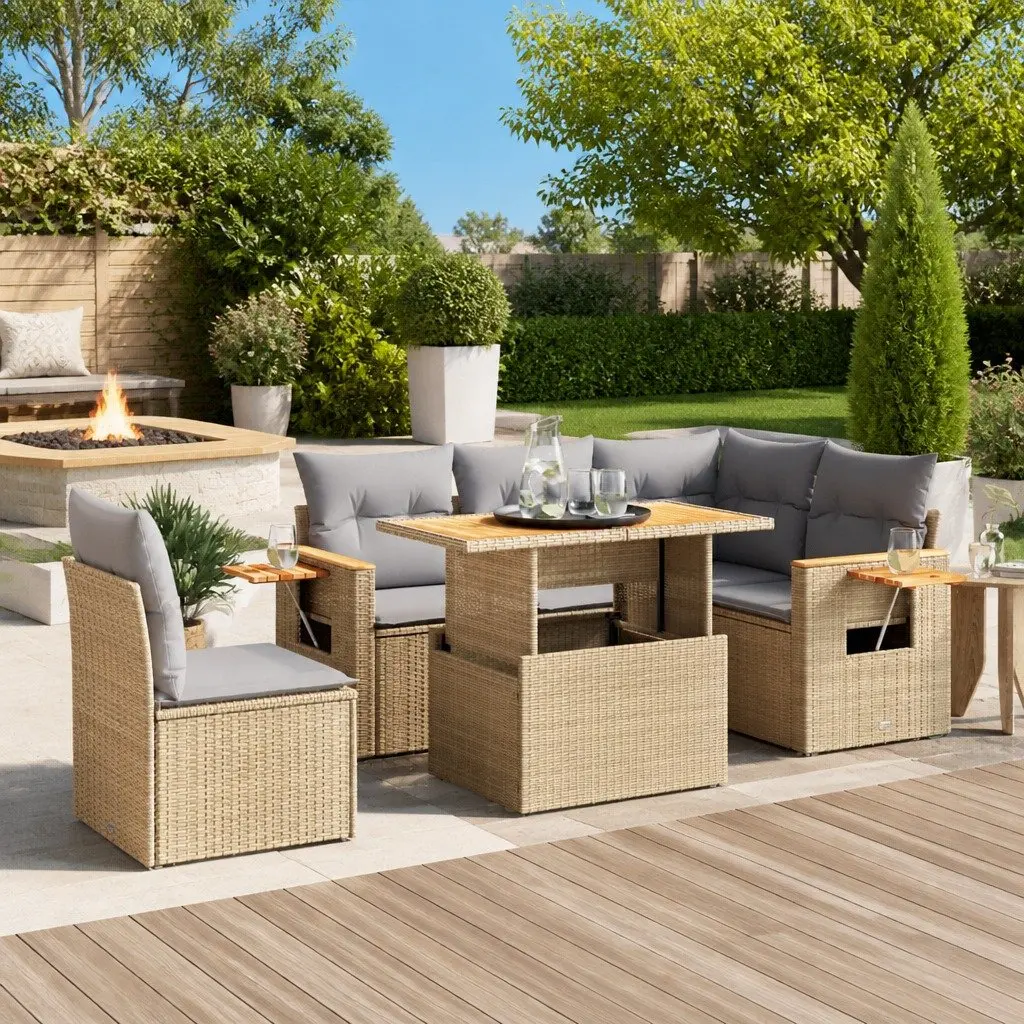 Garden Sofa Set 6 Piece Outdoor Furniture with Cushions Beige Poly Rattan