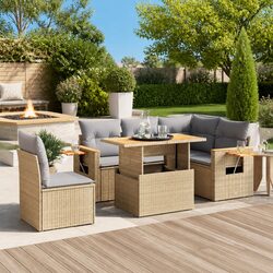 Garden Sofa Set 6 Piece Outdoor Furniture with Cushions Beige Poly Rattan