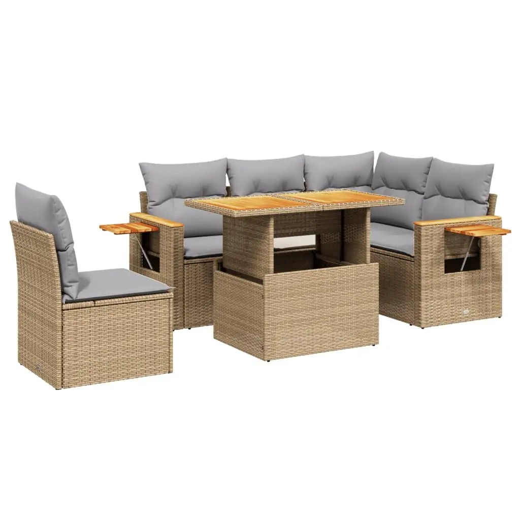 Garden Sofa Set 6 Piece Outdoor Furniture with Cushions Beige Poly Rattan