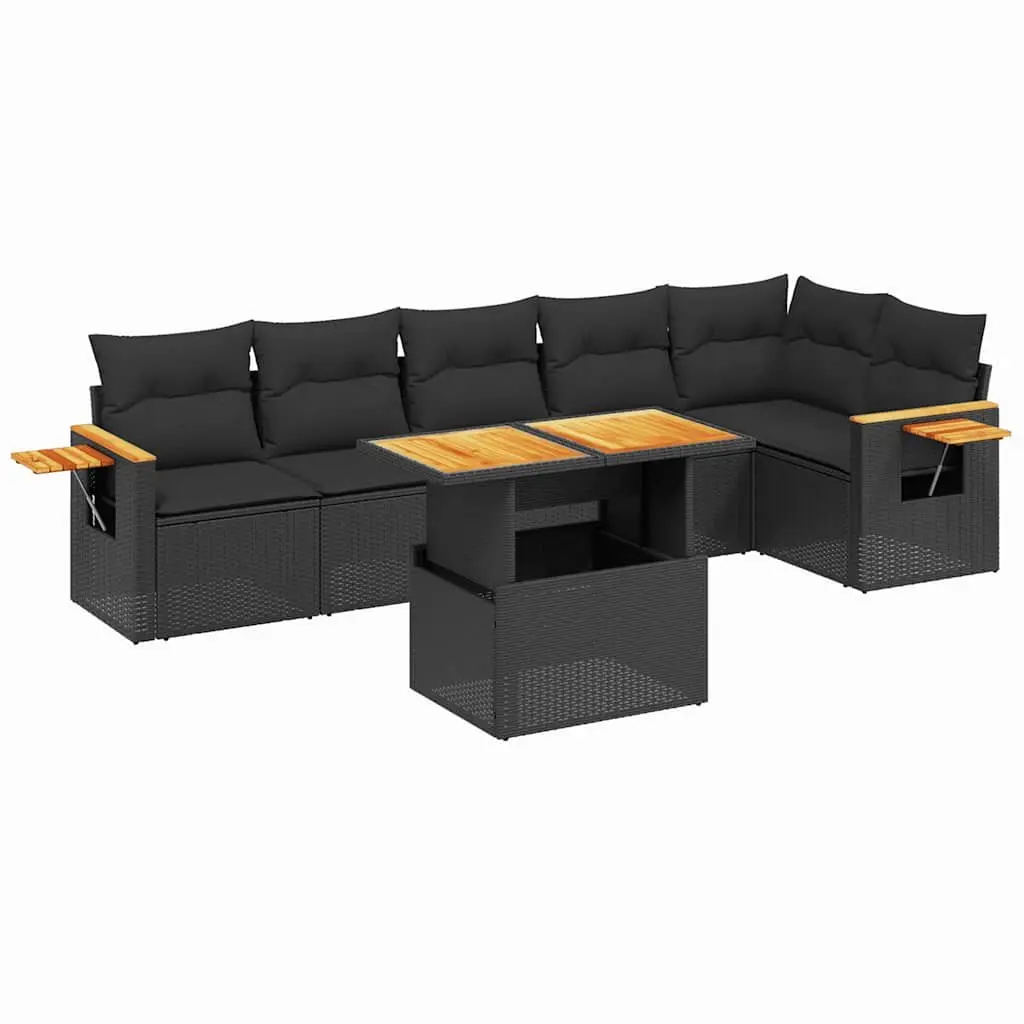 7 Piece Garden Sofa Set Black Poly Rattan Outdoor Patio Furniture with Cushions