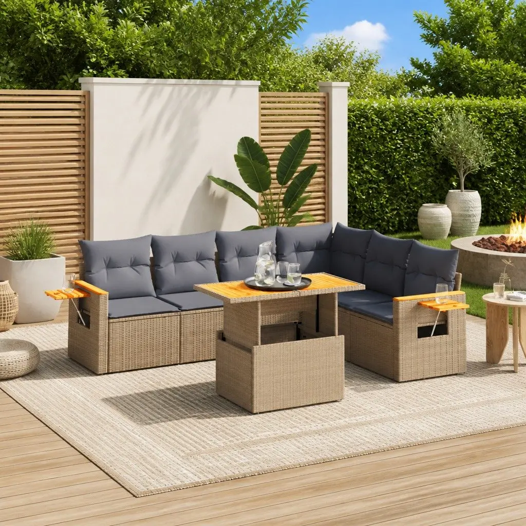 7 Piece Garden Sofa Set Beige Poly Rattan Outdoor Furniture Patio Lounge with