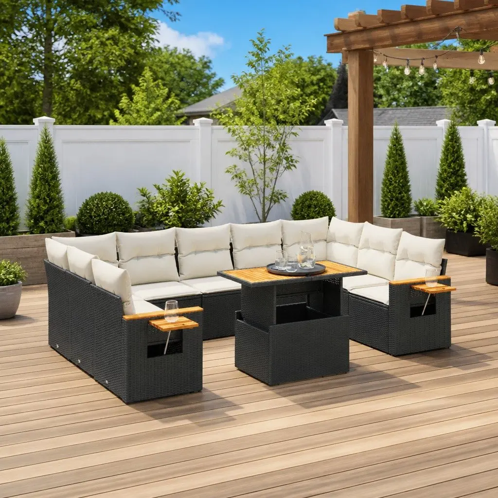 Garden Sofa Set Black 10 Piece Modular Outdoor Furniture with Adjustable Tabletop and Foldable Side Table