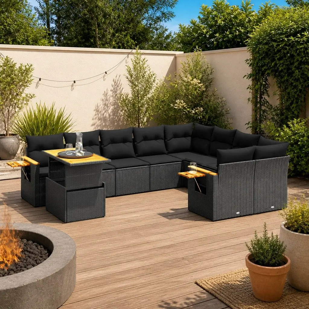 10 Piece Garden Sofa Set Black PE Rattan Modular Outdoor Furniture with Removable Cushion Covers