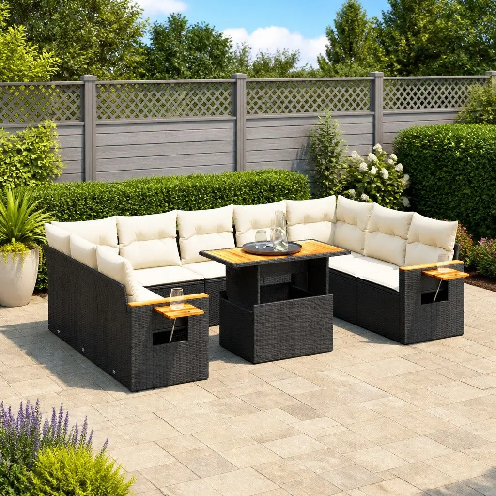 Garden Sofa Set 11 Piece Outdoor Furniture Black Poly Rattan Modular Patio