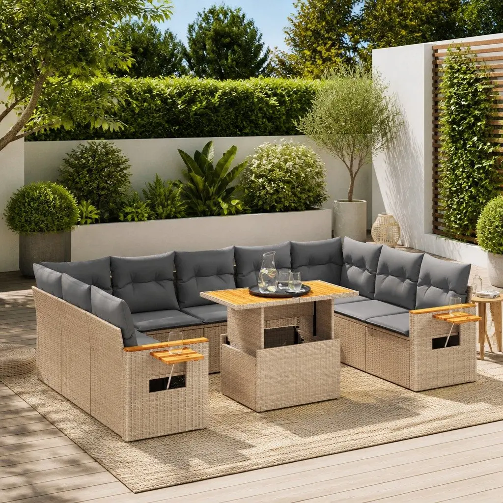 Outdoor Garden Sofa Set 11 Piece Patio Furniture with Cushions Beige Rattan