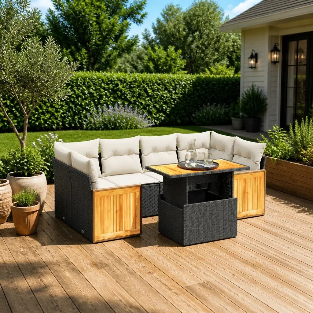 7 Piece Garden Sofa Set Black Modular Outdoor Patio Furniture with Cushions