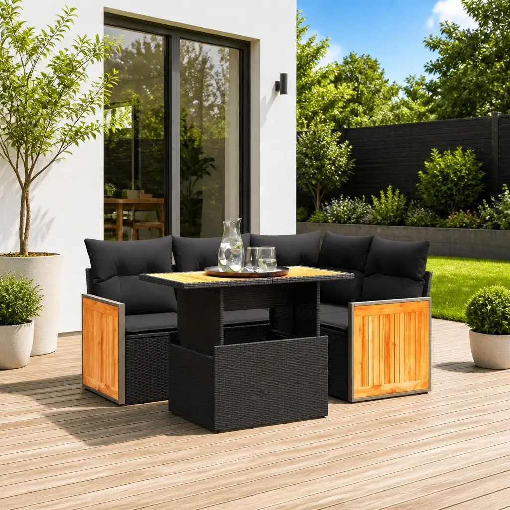 5 Piece Garden Sofa Set with Cushions Black Outdoor Furniture Patio Lounger