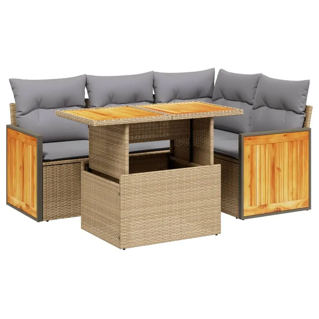5 Piece Garden Sofa Set Outdoor Patio Furniture with Cushions Beige Poly Rattan