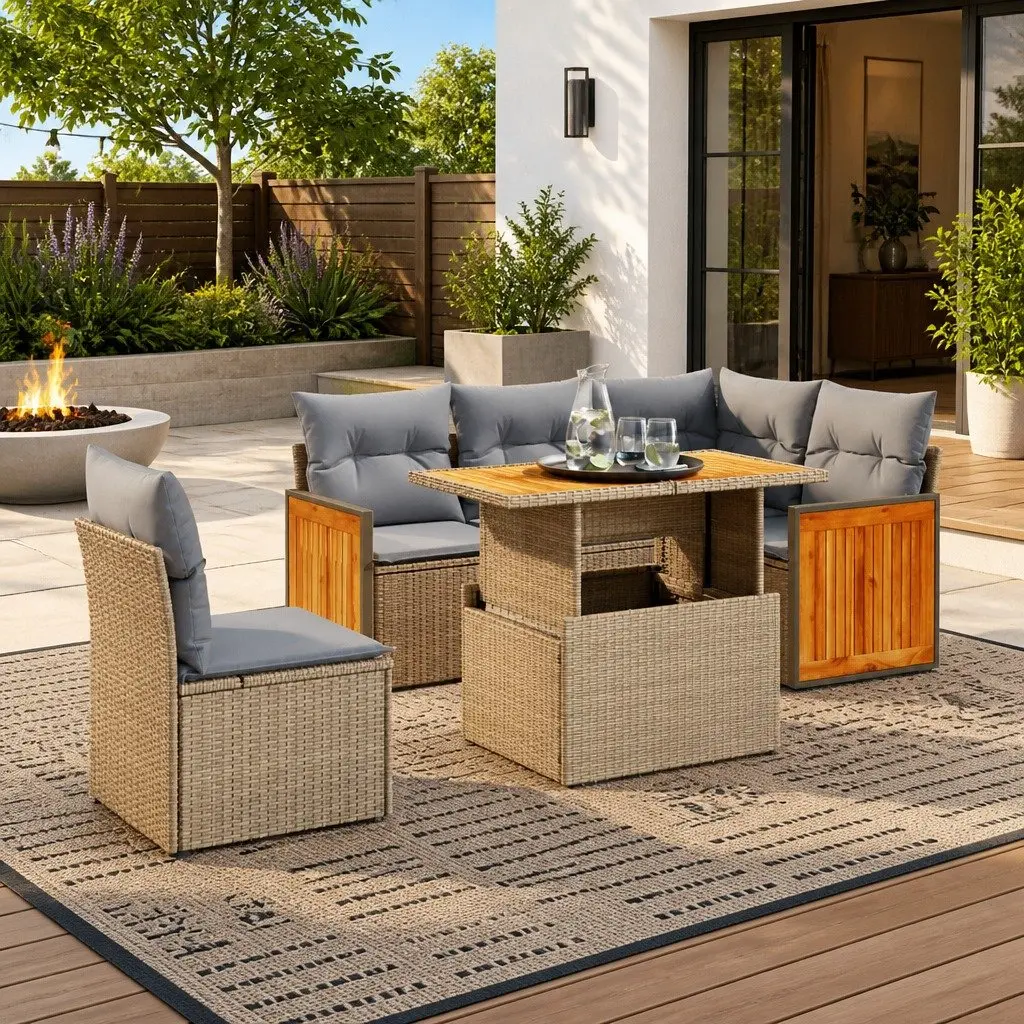 Garden Sofa Set Beige 6 Piece Modular Outdoor Furniture with Adjustable Tabletop