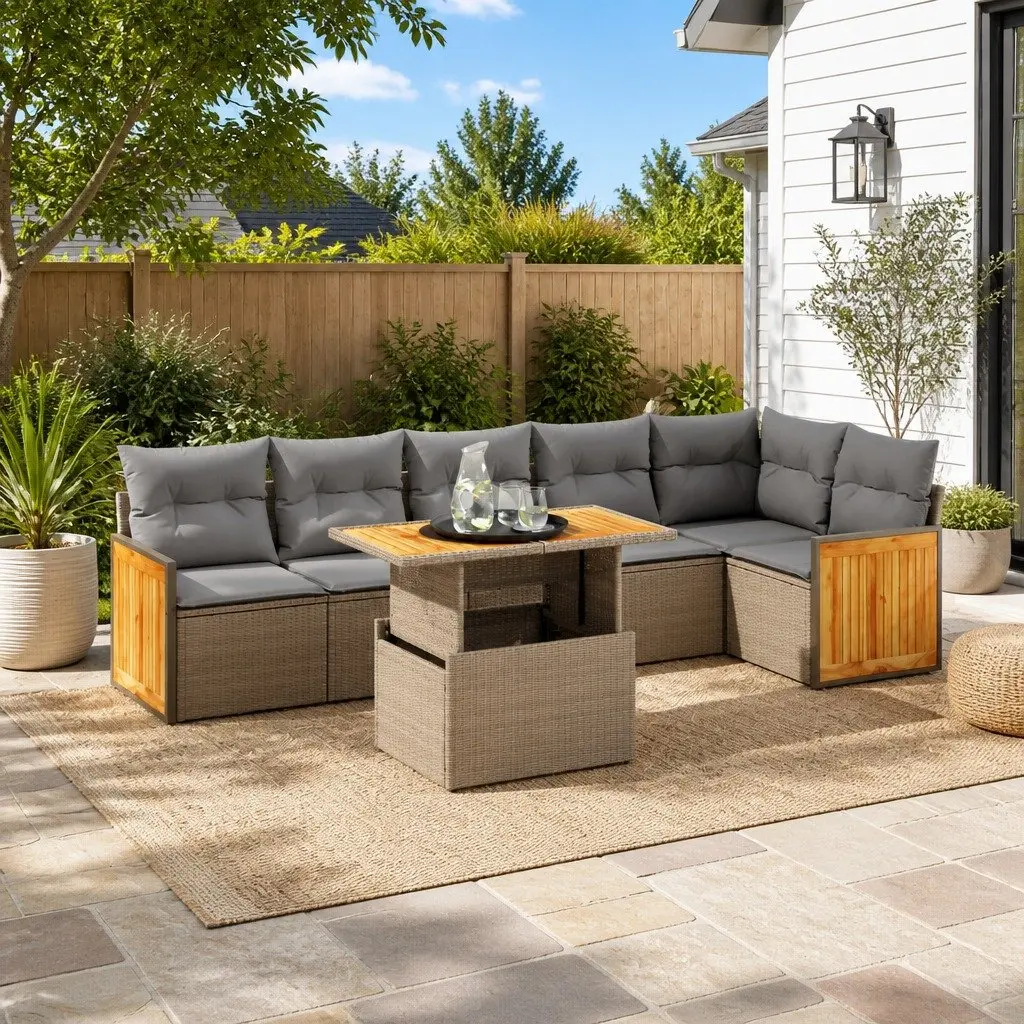 7 Piece Garden Sofa Set Beige Poly Rattan Outdoor Furniture with Cushions