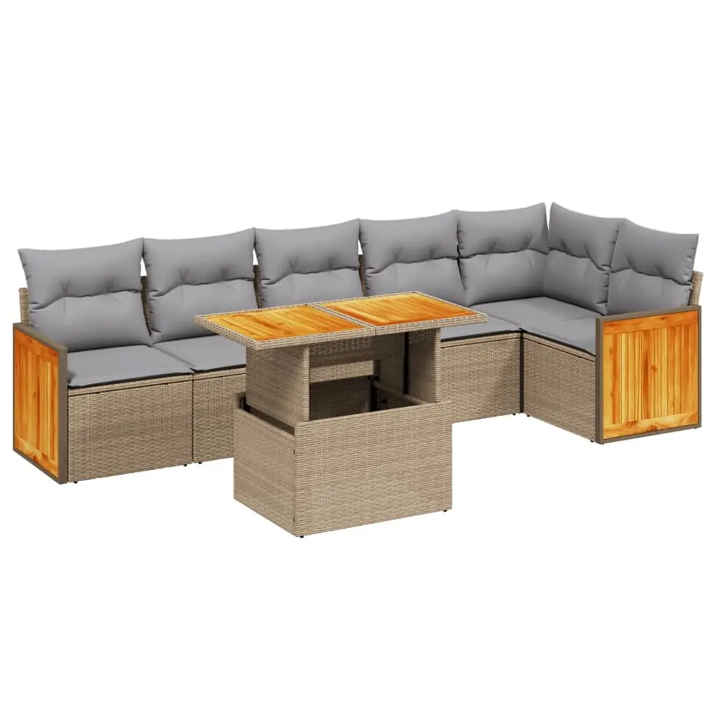 7 Piece Garden Sofa Set Beige Poly Rattan Outdoor Furniture with Cushions