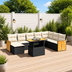 Garden Sofa Set 9 Piece Outdoor Furniture with Cushions Black Poly Rattan