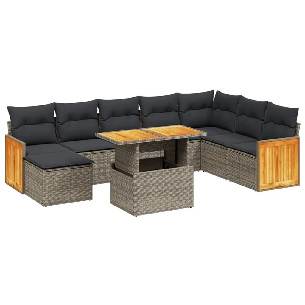 Garden Sofa Set Grey 9 Piece Poly Rattan Outdoor Furniture Patio Sectional Adjustable Tabletop Removable Cushion Covers