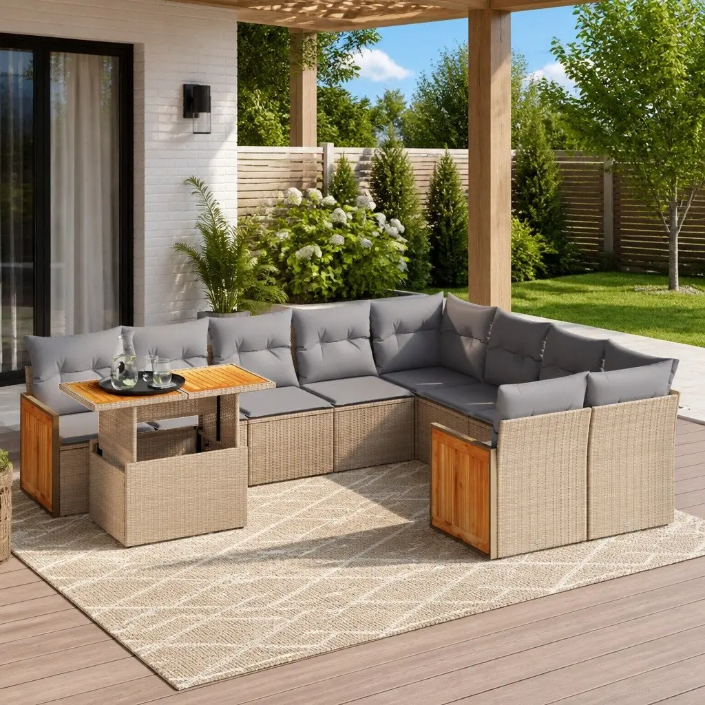 Garden Sofa Set 10 Piece Outdoor Furniture Beige Poly Rattan Patio Lounge