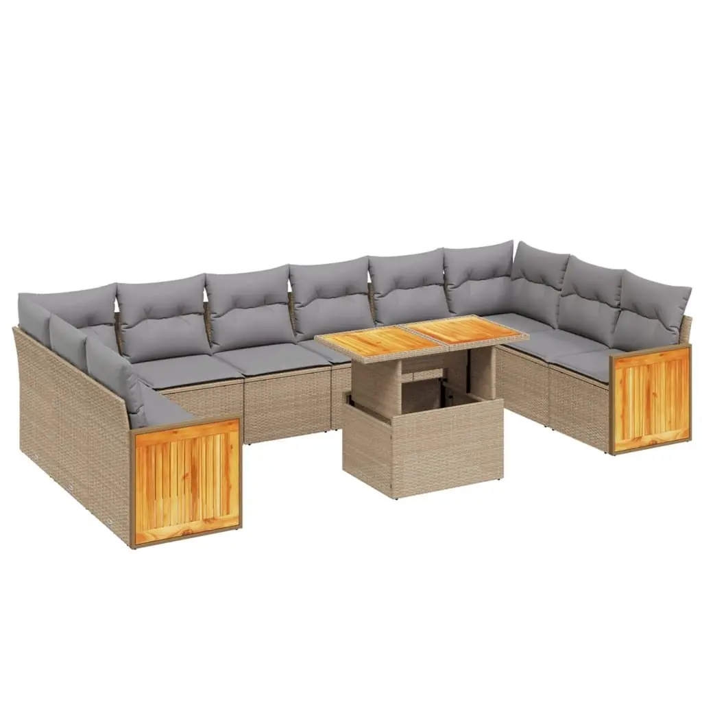 Garden Sofa Set Beige 11 Piece Modular Outdoor Patio Furniture Poly Rattan