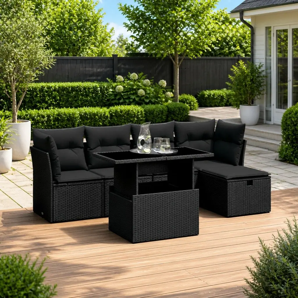 6 Piece Outdoor Garden Sofa Set Patio Furniture with Removable Cushions Black