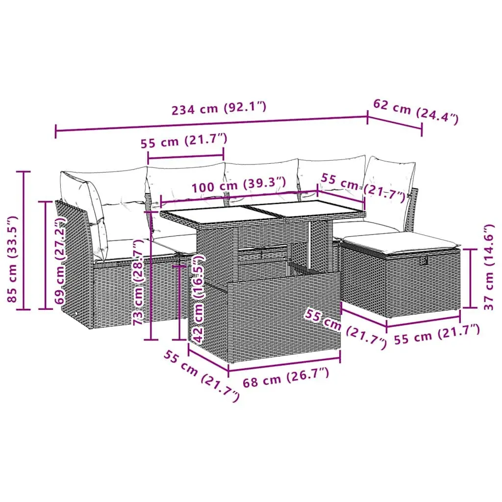 6 Piece Outdoor Garden Sofa Set Patio Furniture with Removable Cushions Black