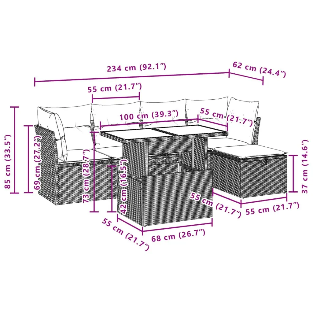6 Piece Garden Sofa Set Black Poly Rattan Outdoor Patio Furniture with Cushions