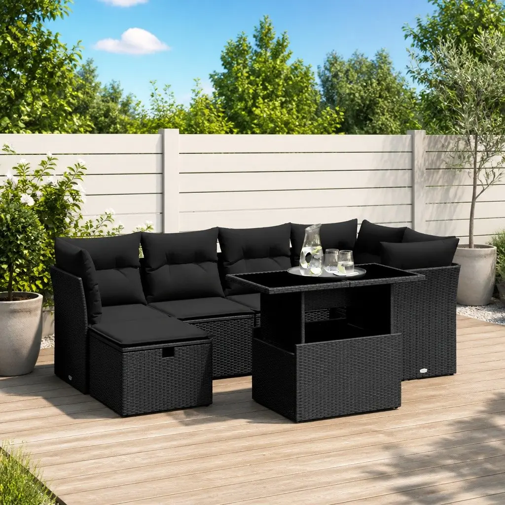 7 Piece Garden Sofa Set Black Modular Outdoor Furniture with Adjustable Table
