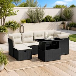 Outdoor Garden Sofa Set 7 Piece Patio Furniture with Cushions Black Rattan