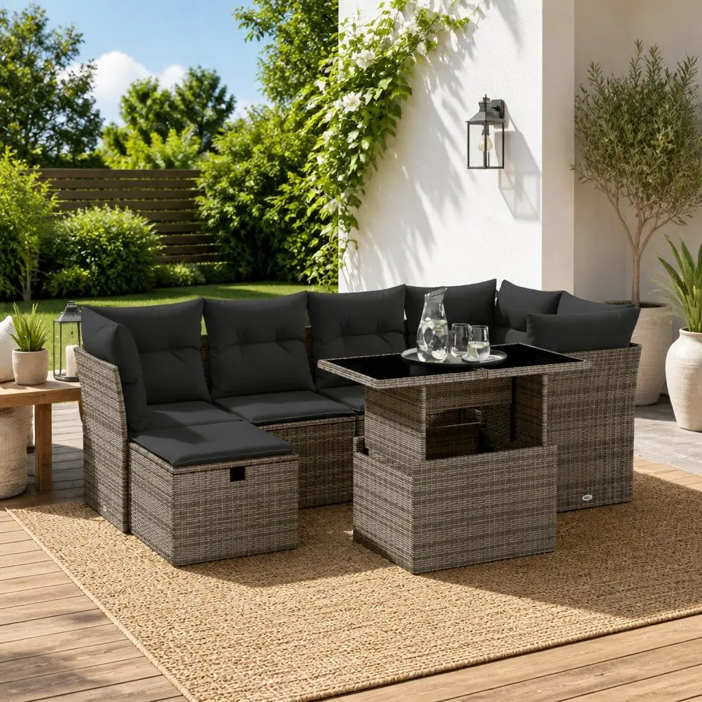 Garden Sofa Set 7 Piece Outdoor Furniture Patio Grey Poly Rattan Modular