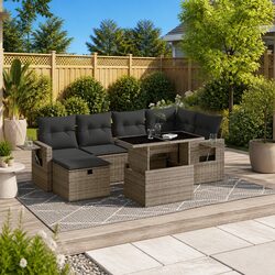 7 Piece Garden Sofa Set Grey Poly Rattan Outdoor Furniture Patio Couch Cushions