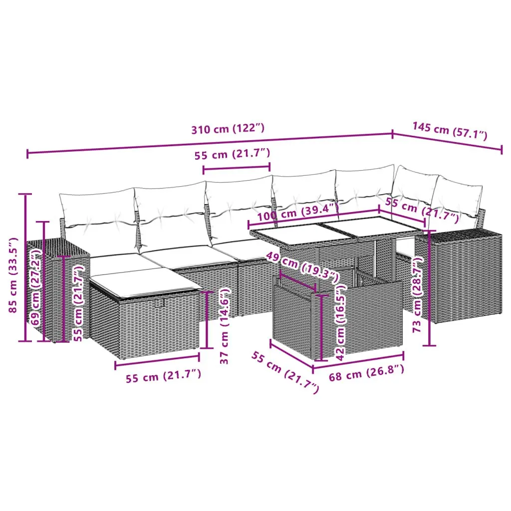 Garden Sofa Set Black 8 Piece Modular Outdoor Furniture with Cushions