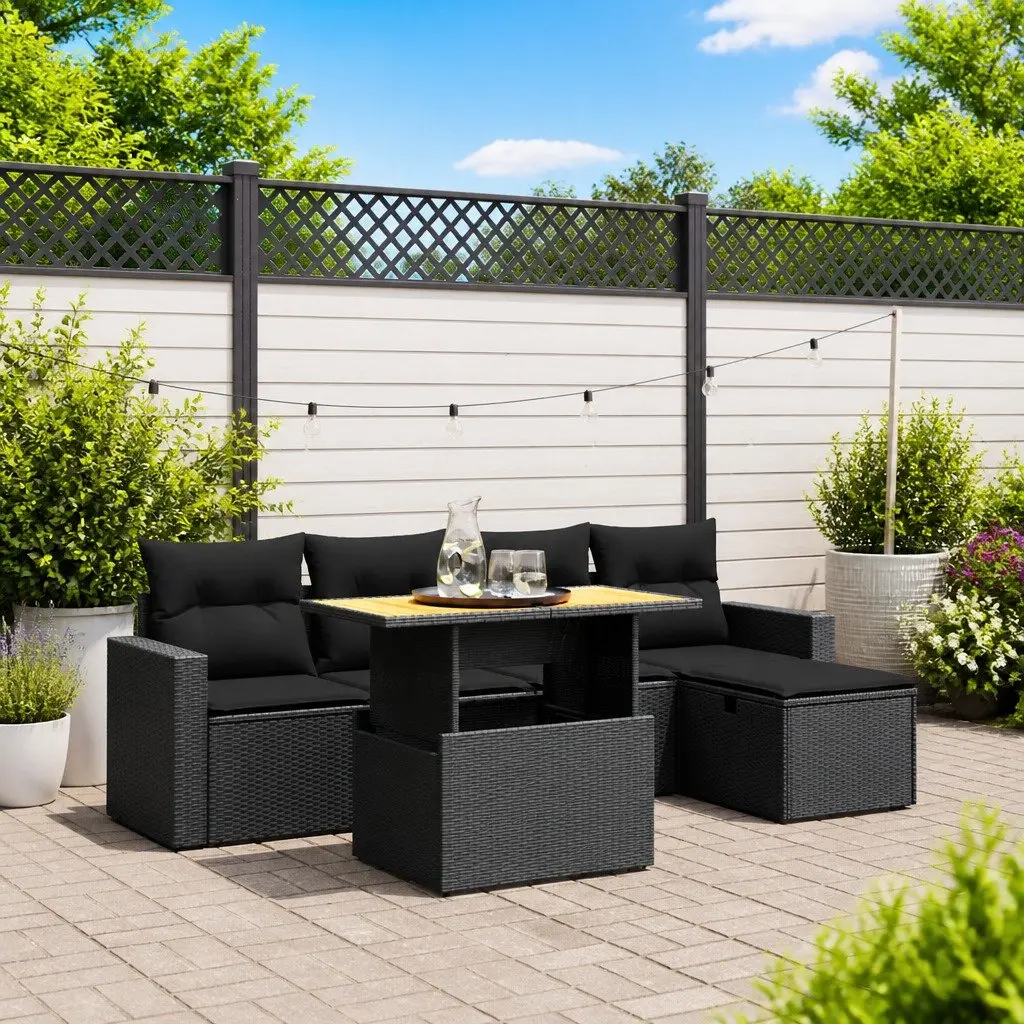 Garden Sofa Set Black 6 Piece Outdoor Furniture Poly Rattan with Cushions