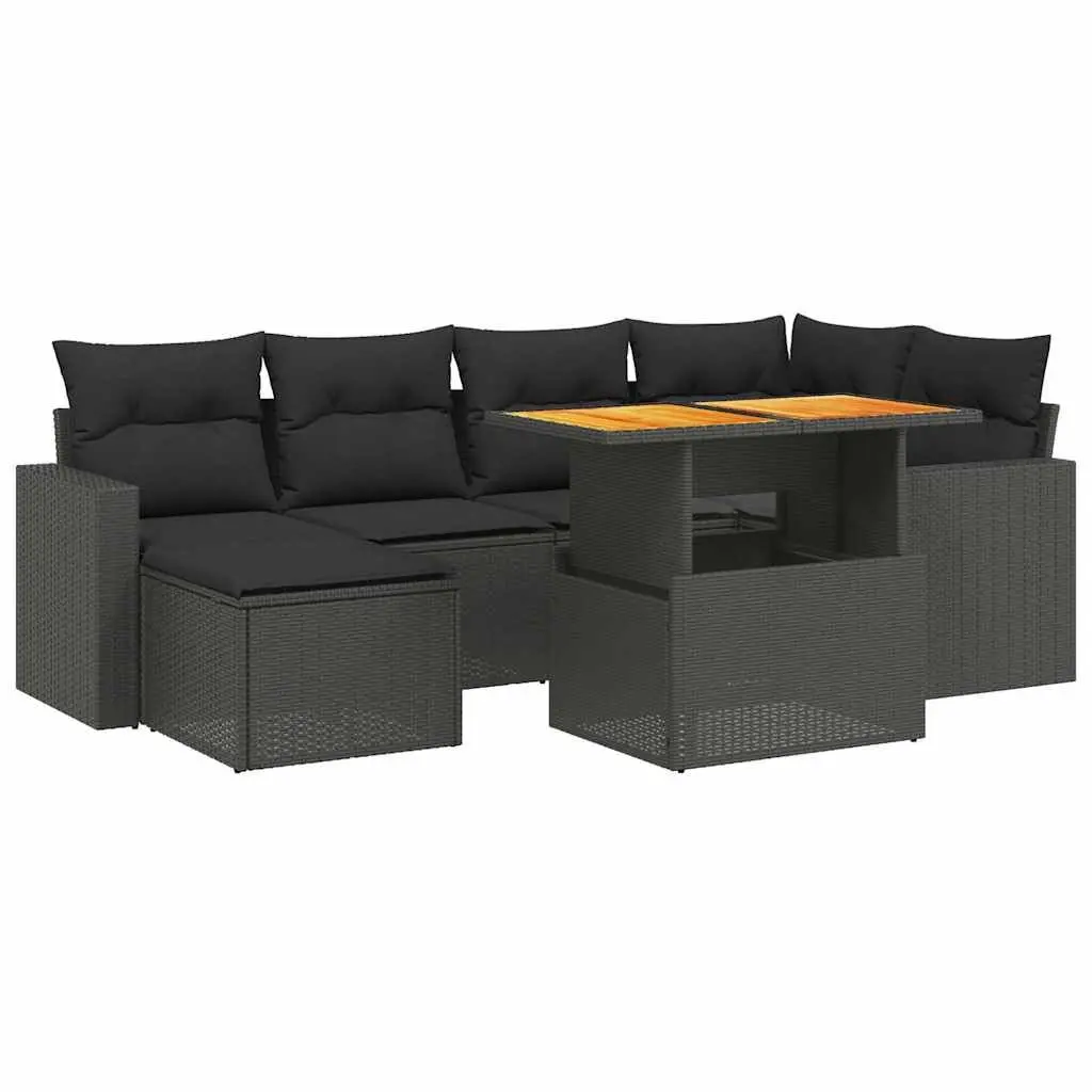 7 Piece Garden Sofa Set Black PE Rattan Modular Outdoor Furniture with Adjustable Table and Washable Cushions