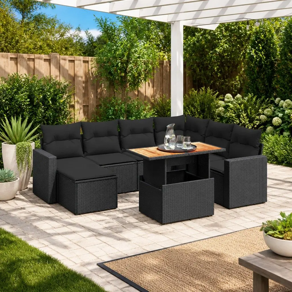 8 Piece Modular Garden Sofa Set Black PE Rattan with Adjustable Table and Cushions Outdoor Patio Furniture