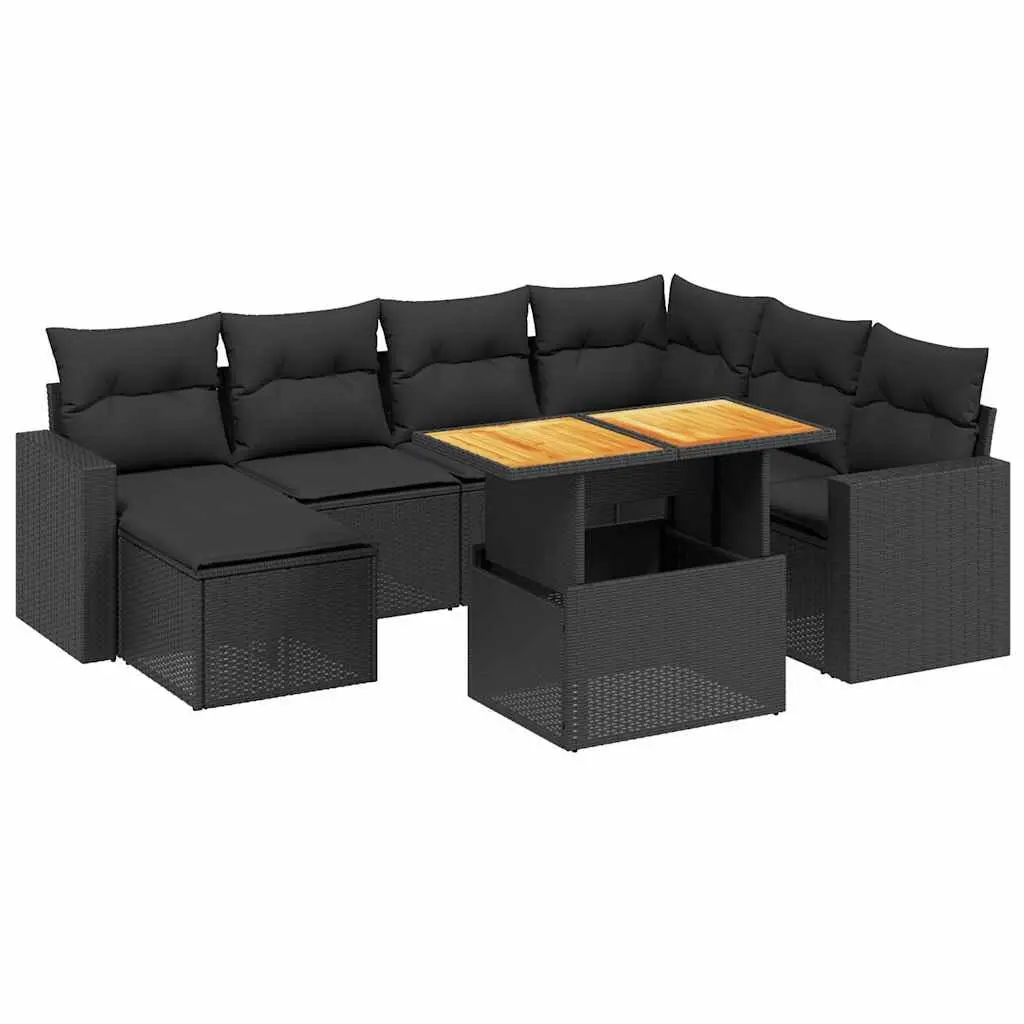 8 Piece Modular Garden Sofa Set Black PE Rattan with Adjustable Table and Cushions Outdoor Patio Furniture