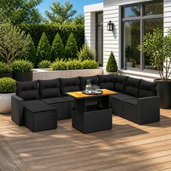 Outdoor Garden Sofa Set 9 Piece Black Poly Rattan Patio Furniture Modular Design