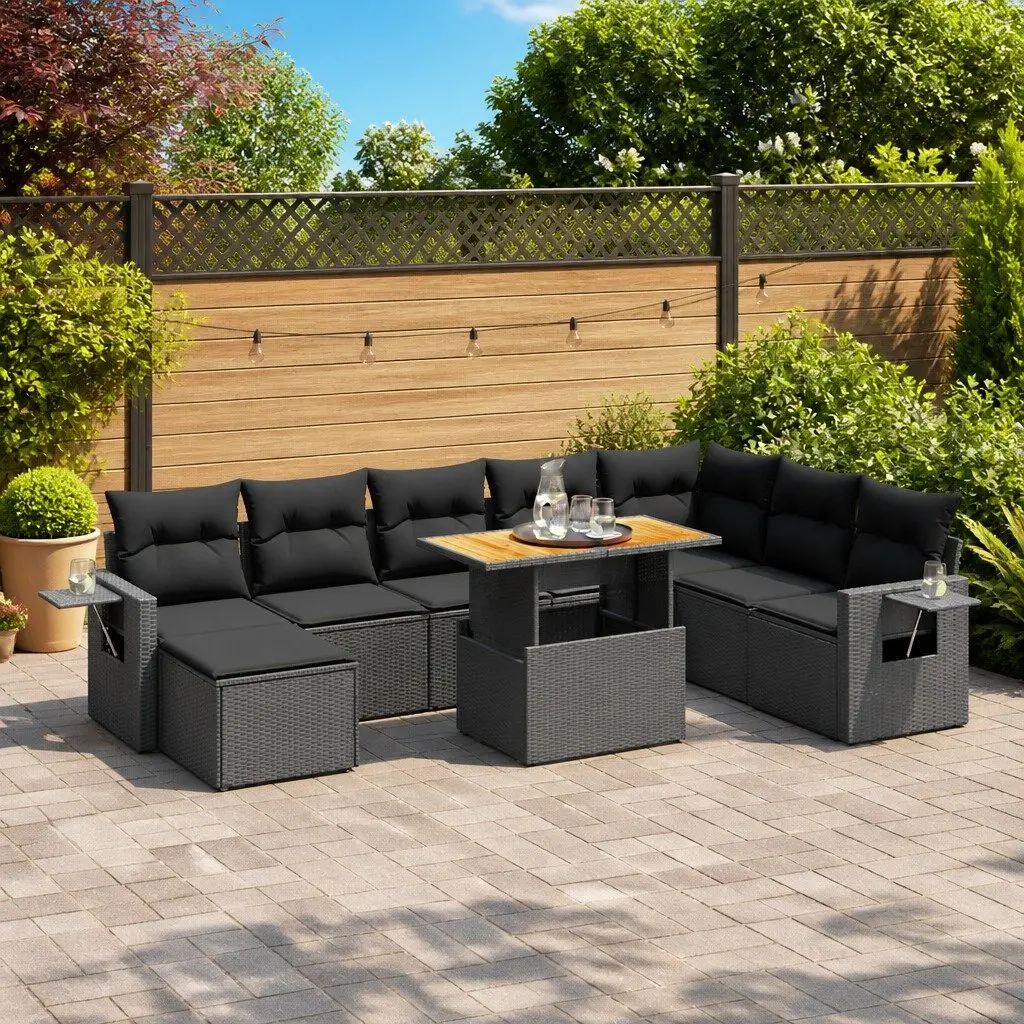 Garden Sofa Set Black 9 Piece Modular Outdoor Furniture PE Rattan with Cushions