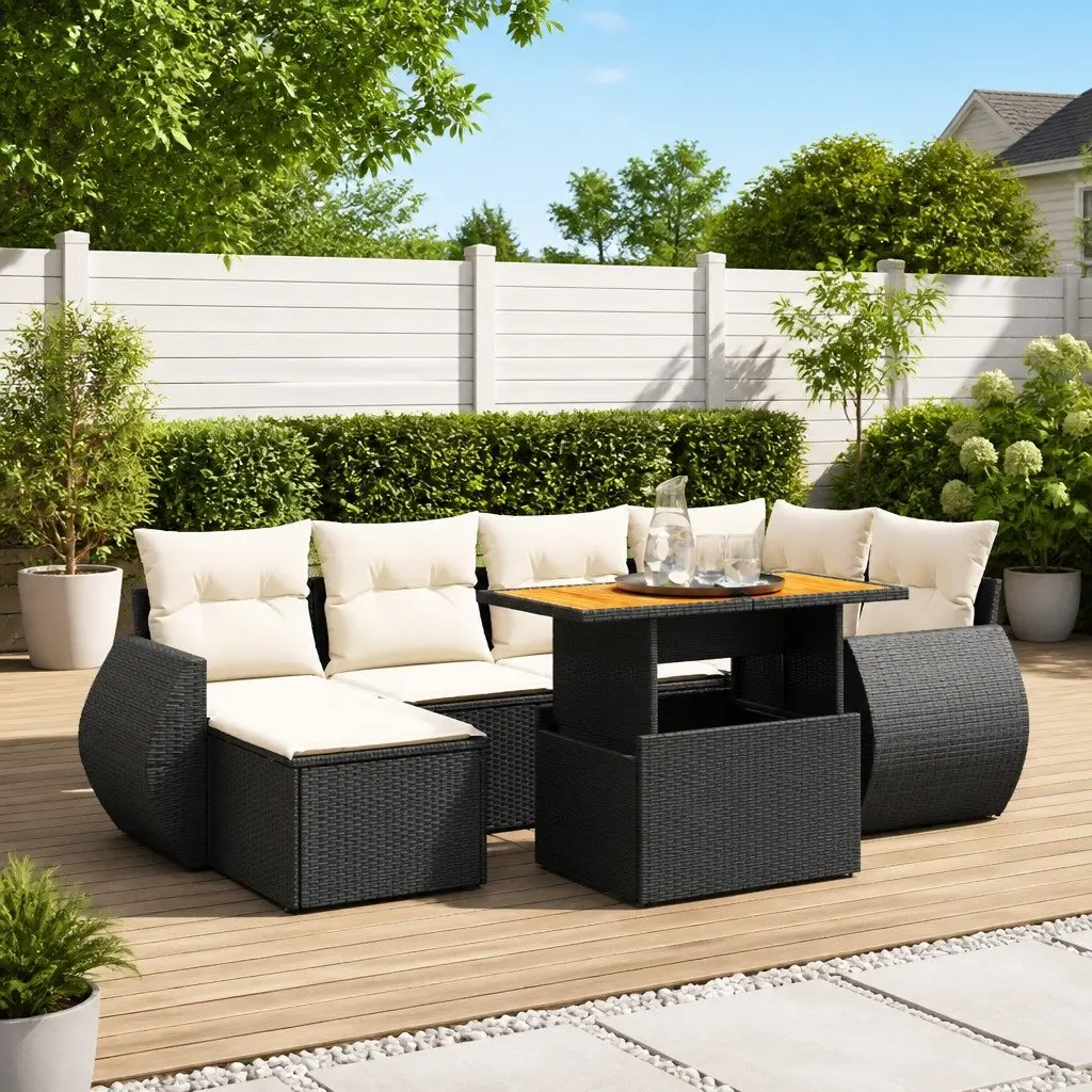 7 Piece Garden Sofa Set Outdoor Patio Furniture Black Poly Rattan Cushions