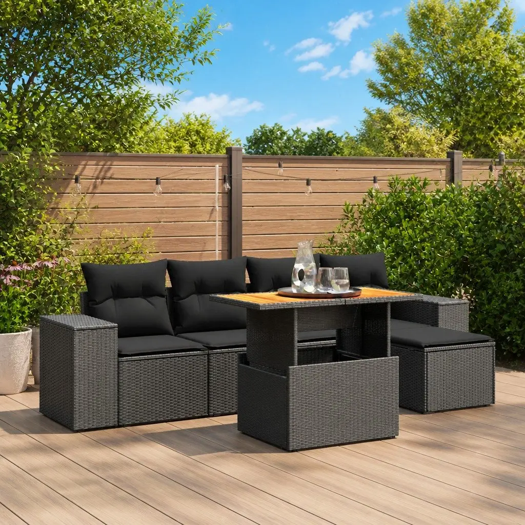 Garden Sofa Set Black 6 Piece Outdoor Furniture Patio Poly Rattan with Cushions