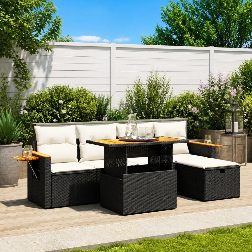 6-Piece Black Rattan Garden Sofa Set with Adjustable Table