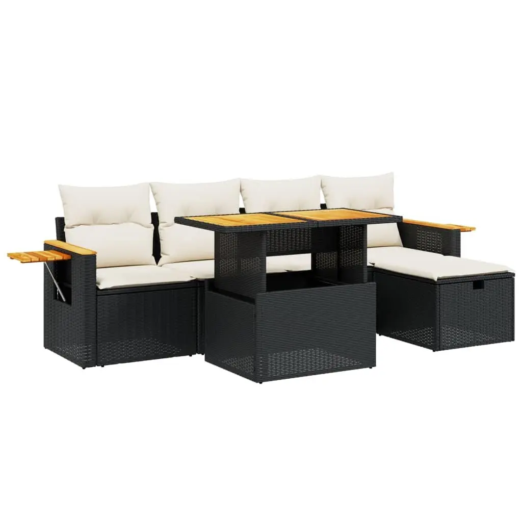 6-Piece Black Rattan Garden Sofa Set with Adjustable Table