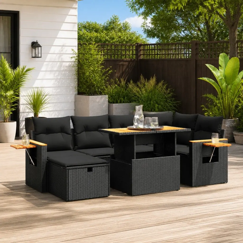 7 Piece Modular Outdoor Sofa Set Black Rattan Furniture with Cushions Adjustable Tabletop and Foldable Side Table
